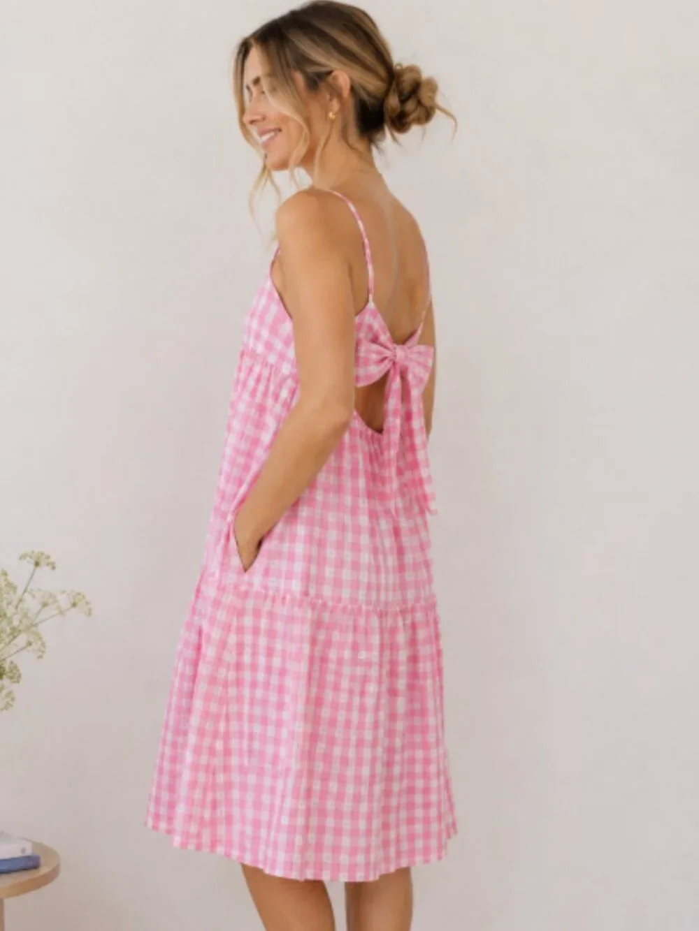 J. Crew Bow Back Pink White Gingham Midi Dress Size 2 Pockets 100% Cotton Lined